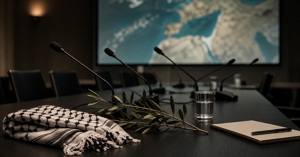 Tavolo diplomatico vuoto con microfoni spenti, un ramo d'ulivo e una kefiah davanti a una mappa sfocata del Mediterraneo orientale