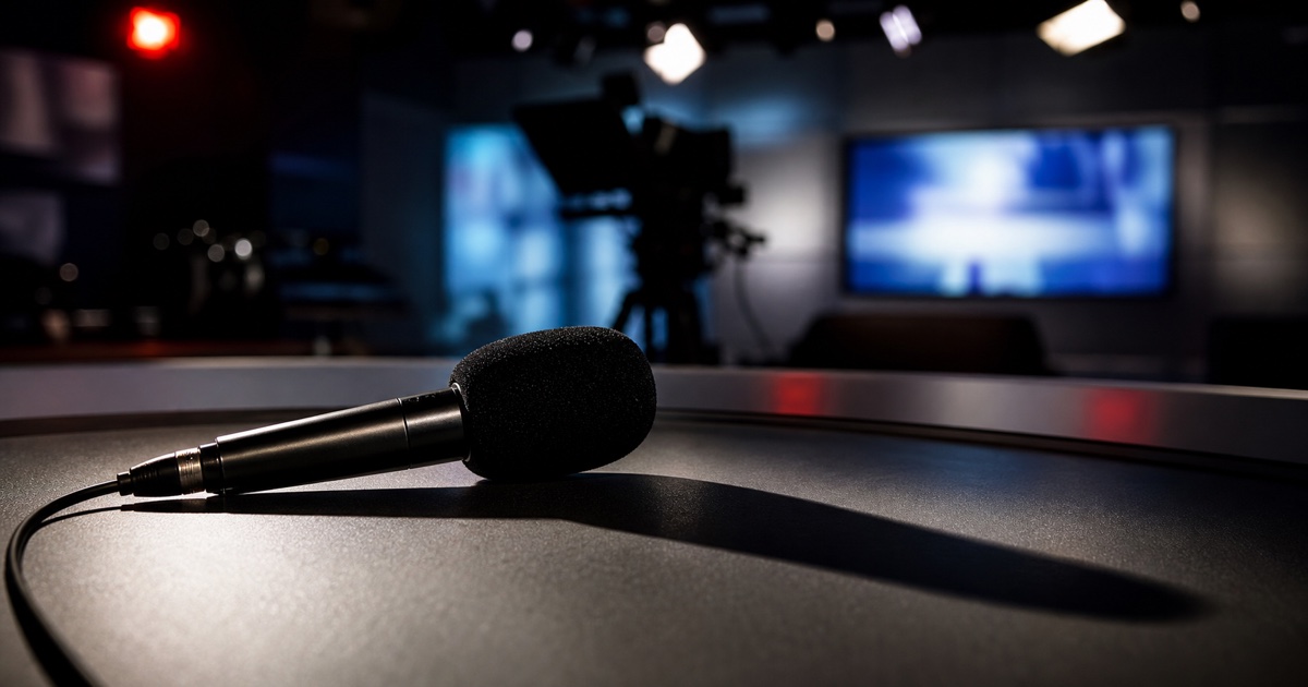 Microfono su un banco di studio televisivo con una lunga ombra in una sala di trasmissione vuota