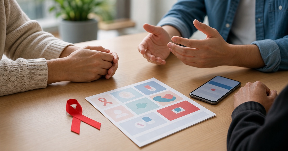 Nastro rosso per la lotta all'AIDS su un tavolo di consultazione sanitaria con materiali informativi