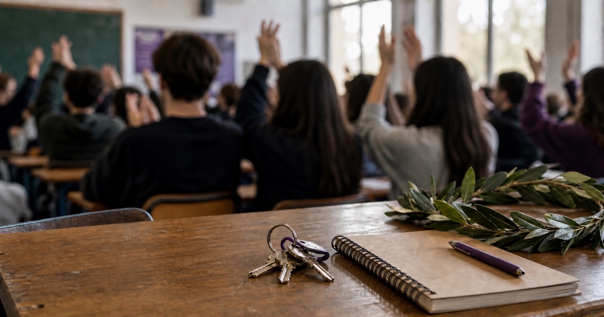 Banco di scuola con chiavi, quaderno, ramo d'ulivo e studenti con le mani alzate durante un'assemblea