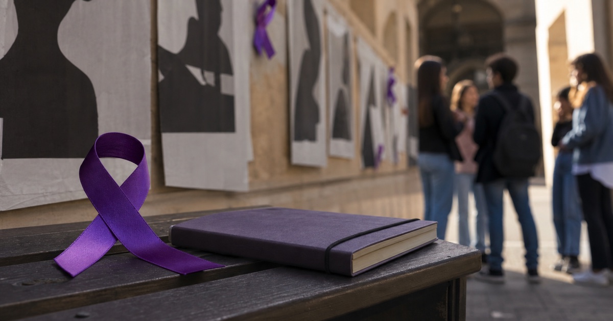 Nastro viola e quaderno su una panchina davanti a manifesti anonimi di sensibilizzazione